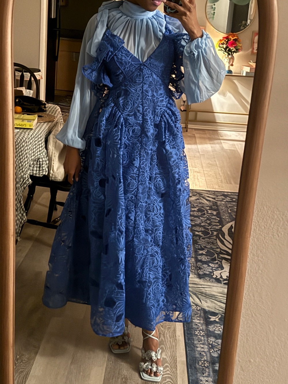 Blue Lace Maxi Dress with Sheer Detailing
